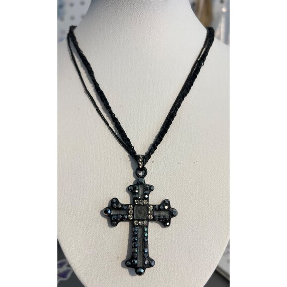 Black Double Chain Necklace Cross Pendant Enamel Rhinestones Goth Emo Adj 19" - Picture 1 of 6